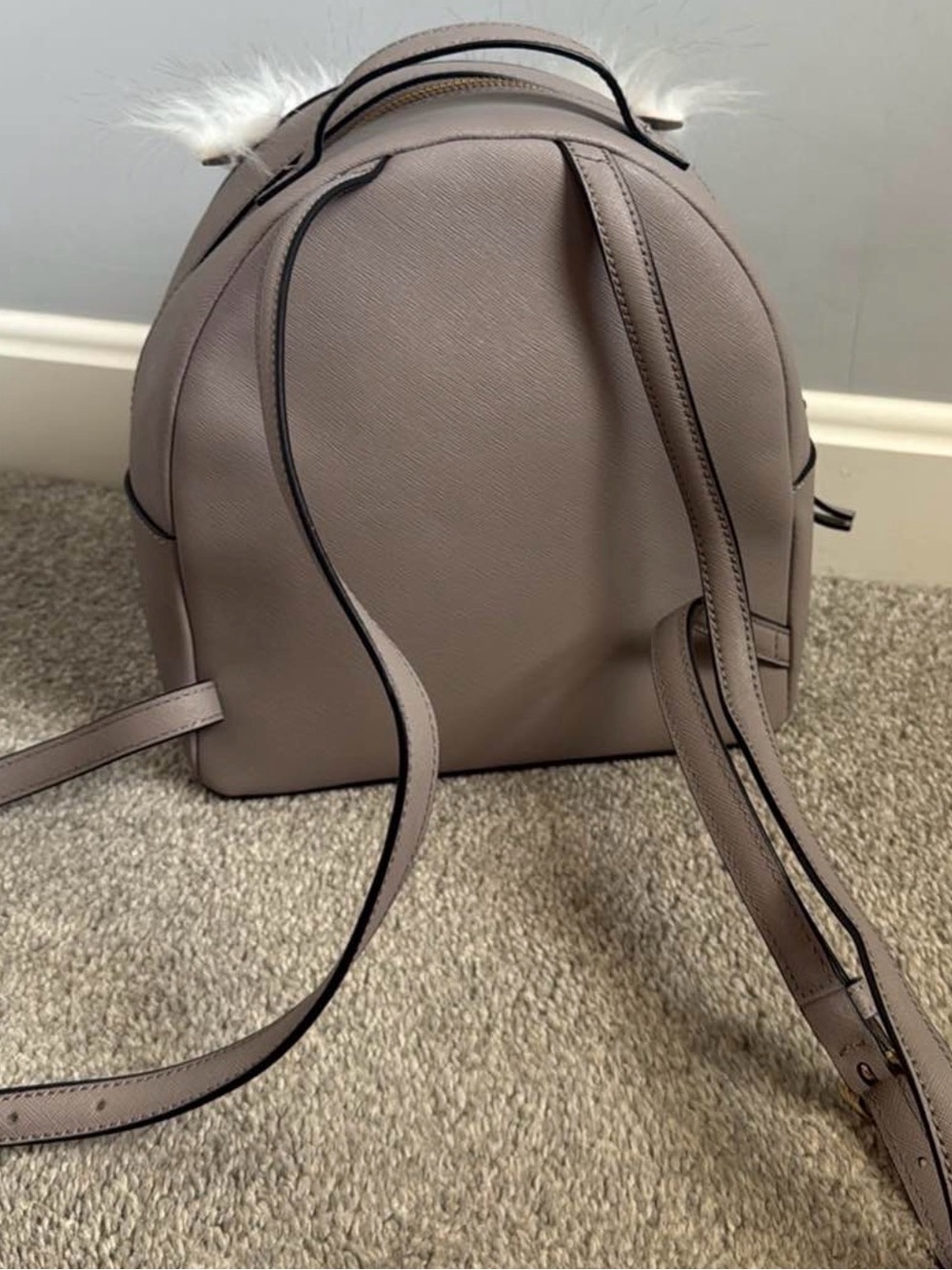 kate spade taupe leather owl backpack with cream fur trim - Picture 2 of 4
